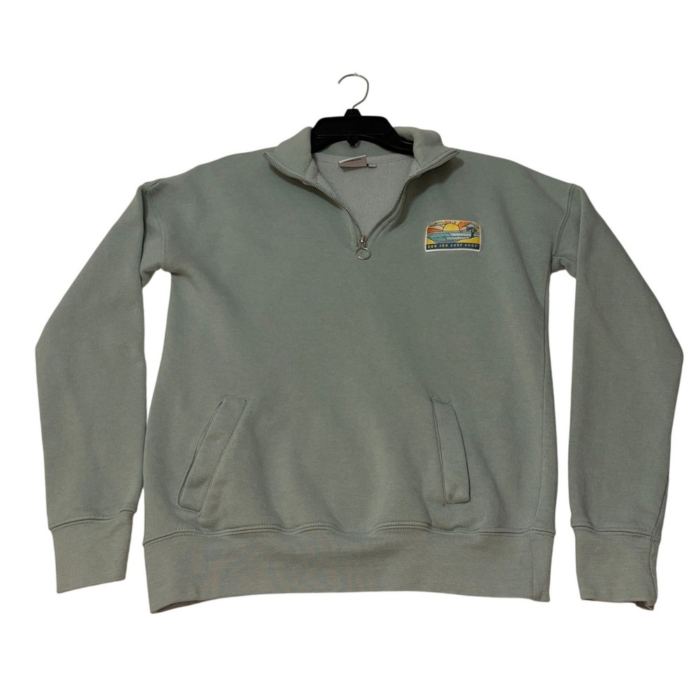 Ron Jon Surf Shop Quarter Zip Sweatshirt Sage Green Beach Sunset Patch Small